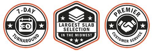 badges: 7-day turnaround, largest slab selection in the midwest, premier customer service