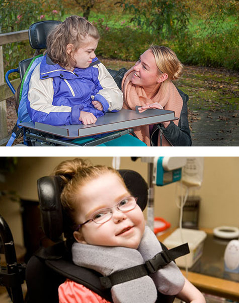 Collage image of a woman helping a young girl and a happy girl in a wheel chair