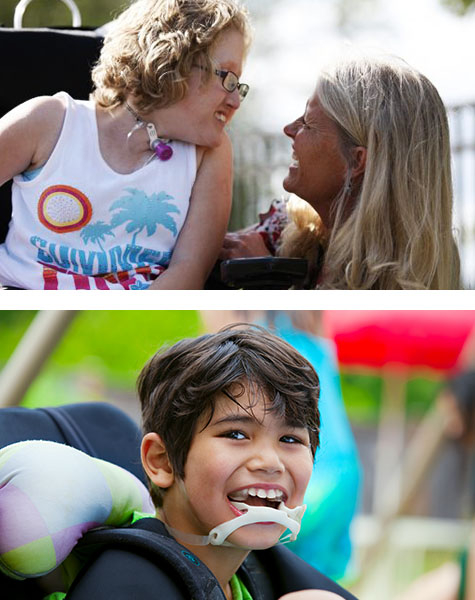 Collage image of a woman and a disabled girl smile at one another and a smiling child in a wheelchair