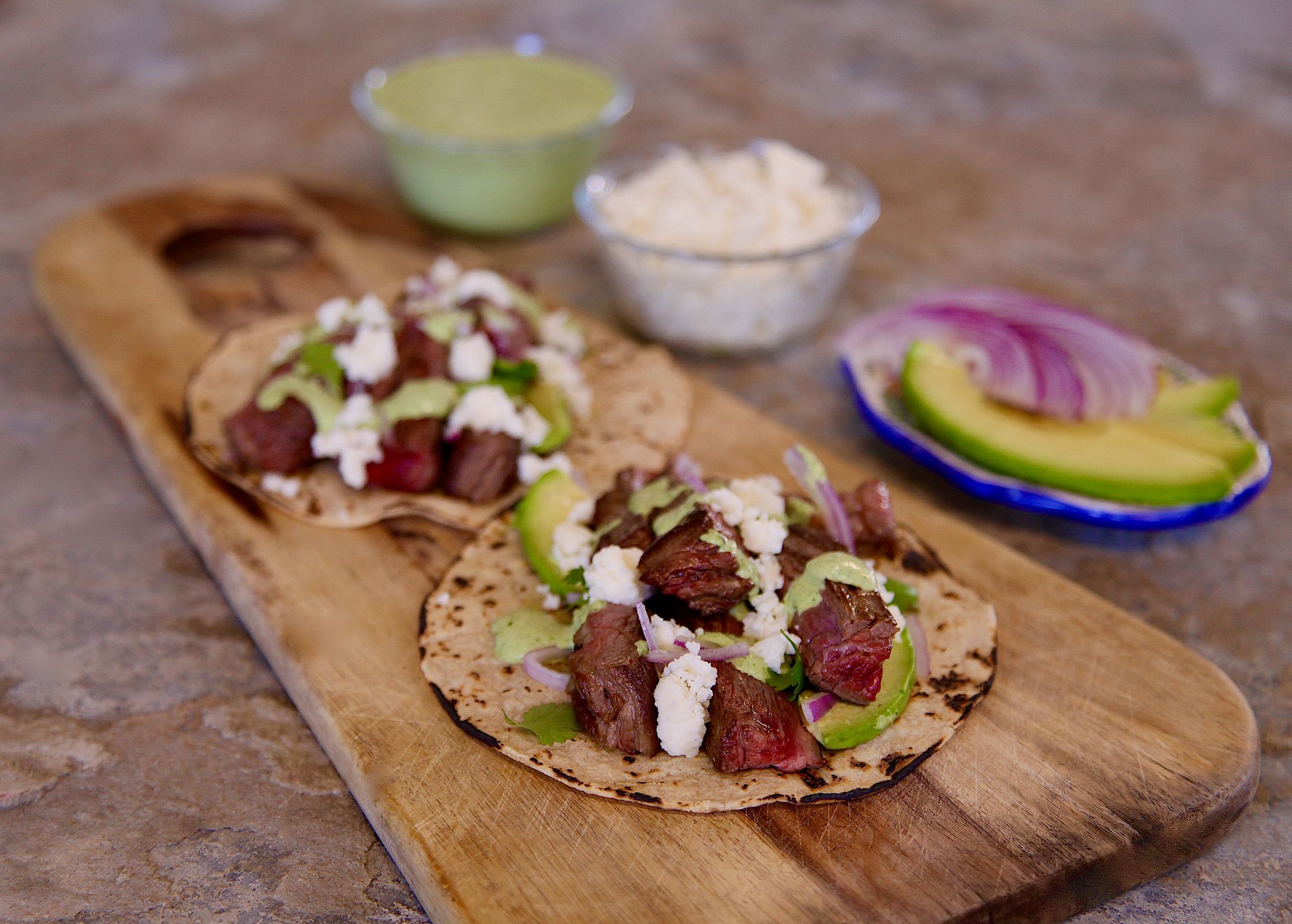 Carne Asada Crema Verde Tacos