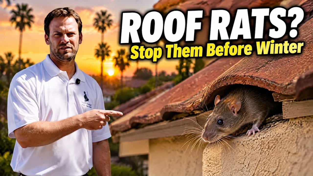 Black Knight Termite & Pest Control technician Mark Lorack pointing to a roof rat entry point along an attic tile roofline in Temecula, California.