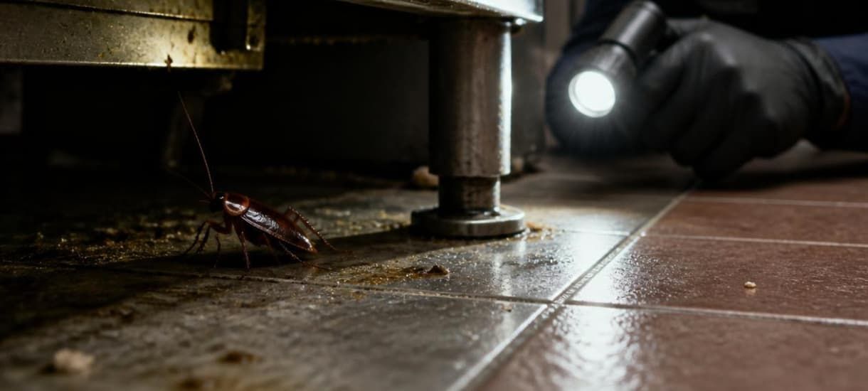 A close-up photograph showing a single German cockroach on a grimy tiled floor in a dark commercial kitchen setting. A bright white beam of light from a flashlight, held by a gloved hand (partially visible), is shining directly on the insect, which is near the leg of a piece of stainless steel kitchen equipment. The surrounding area shows signs of debris and dirt. Cockroach under commercial kitchen equipment highlighted by flashlight beam.