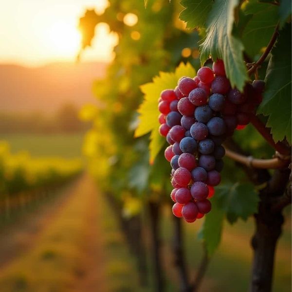 Healthy red wine grapes on a vine in a Temecula vineyard protected from root damage by commercial gopher control services.
