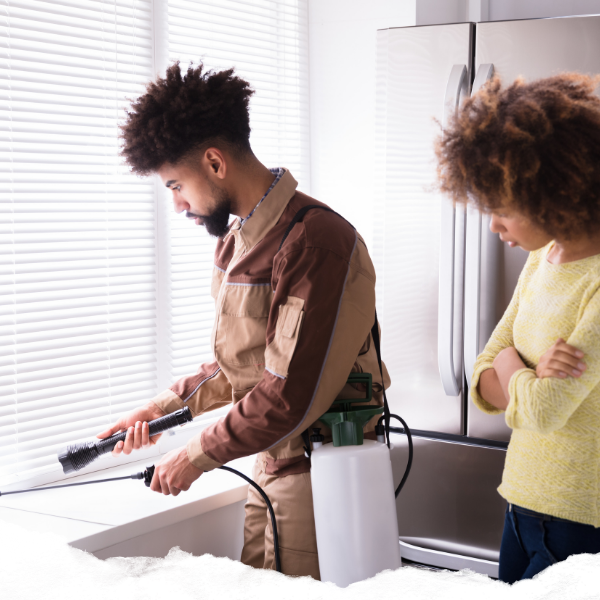 Pest exterminator spraying a residential kitchen