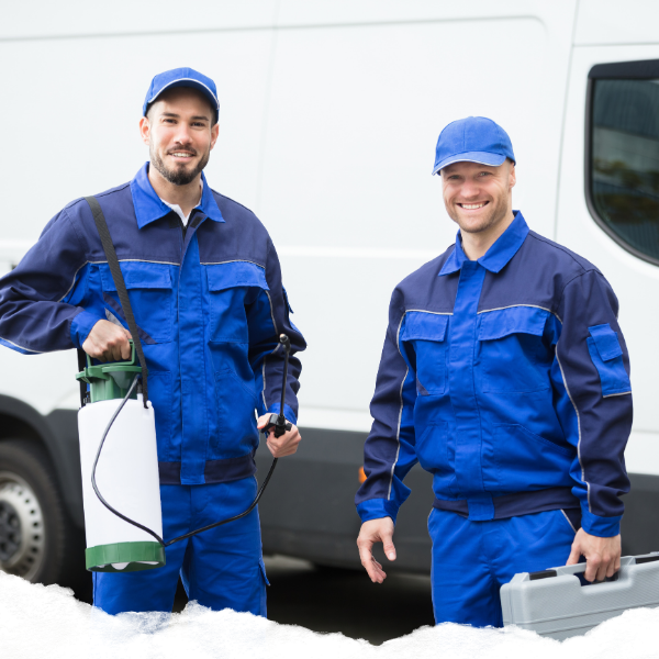 Two pest control professionals outside of a van