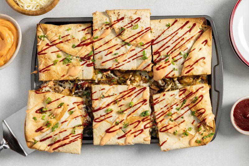 Sheet-Pan Cheesy Korean BBQ Steak Quesadillas