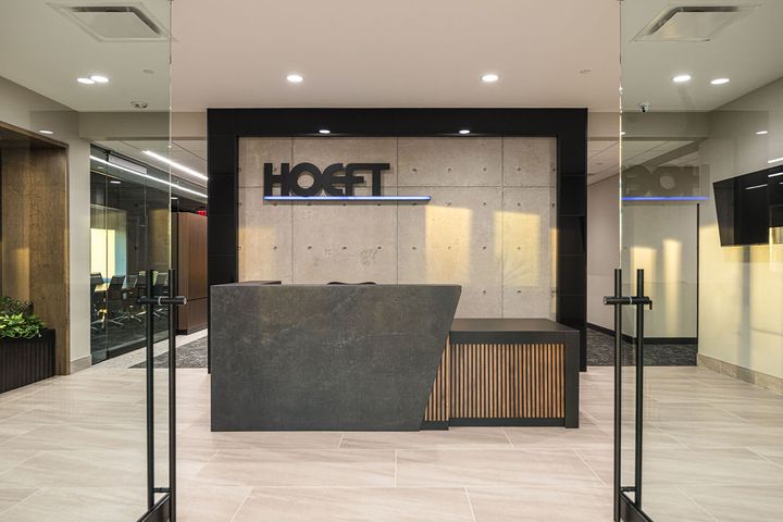 Modern office reception construction and design for Hoeft Builders in Eau Claire, WI Office reception construction for Hoeft Builders in Eau Claire, WI