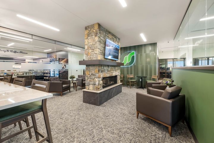 Bank seating area with fireplace. Construction project for the First State Bank of Rosemount, built by Hoeft Builders. Bank interiors construction at First State Bank in Rosemount, MN - Hoeft Builders