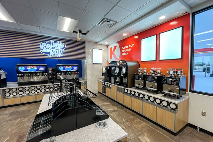 Gas station convenience store interior construction at Circle K in Sparta, WI, featuring coffee and soda bar, built by Hoeft Builders Convenience store design at Circle K in Sparta, WI - Hoeft Builders