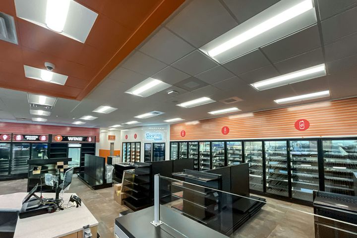 Convenience store interior construction at Circle K in Sparta, WI, view from check out counter, built by Hoeft Builders Convenience store layout at Circle K in Sparta, WI - Hoeft Builders