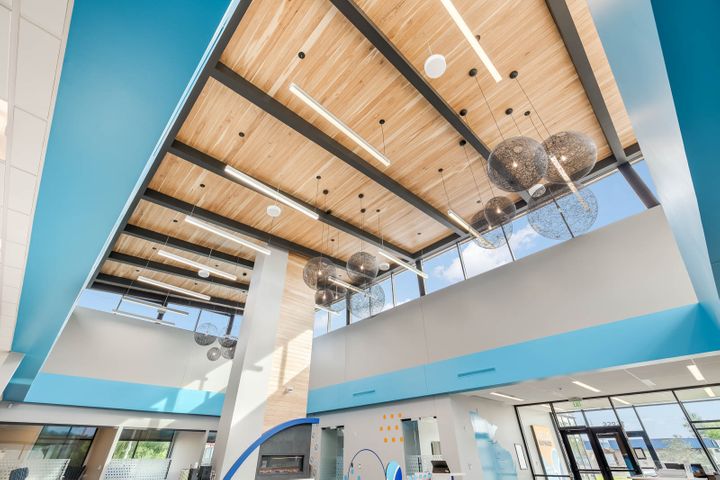25-foot wood ceiling interior for Superior Choice Credit Union in Hayward, WI - Hoeft Builders