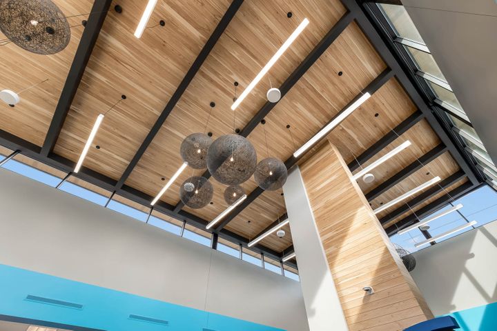Wood tongue-and-groove ceiling detail for Superior Choice Credit Union in Hayward, WI - Hoeft Builders