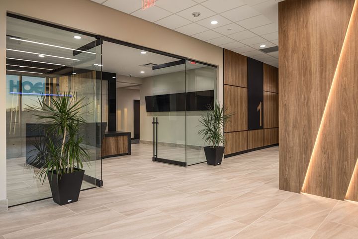 Modern office lobby construction in Eau Claire, WI, built by Hoeft Builders. Office lobby construction design in Eau Claire, WI - Hoeft Builders
