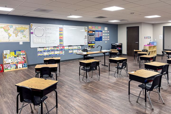 Image of an elementary classroom in a school renovation completed for Veritas Classical Academy in Chippewa Falls, Wisconsin, built by Hoeft Builders. Elementary classroom in school renovation for Veritas Classical Academy in Chippewa Falls, WI - Hoeft Builders