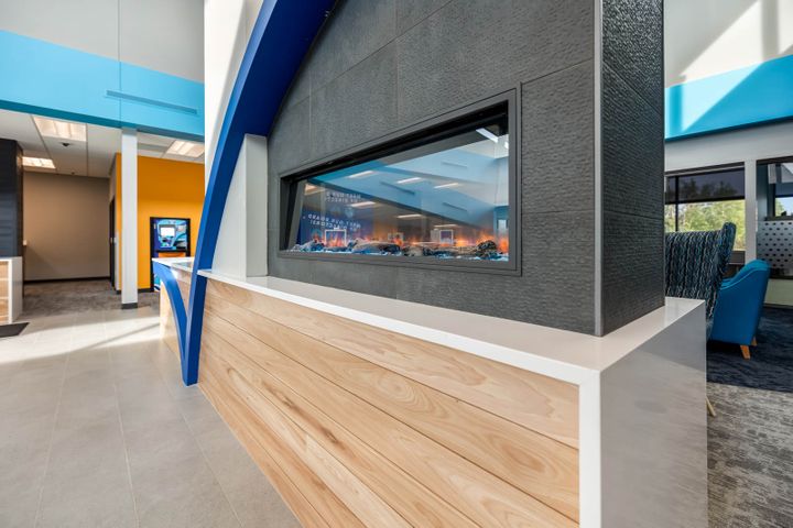 Custom fireplace design at Superior Choice Credit Union in Hayward, Wisconsin - Hoeft Builders