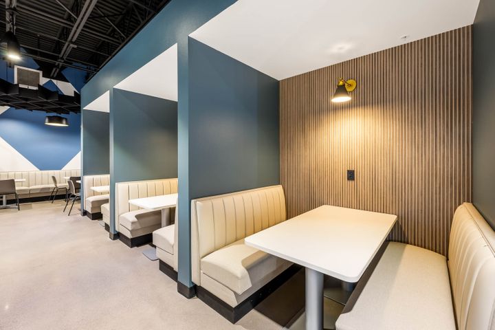 Booth seating from a corporate breakroom renovation at Mosaic Technologies in Cameron, WI – Hoeft Builders