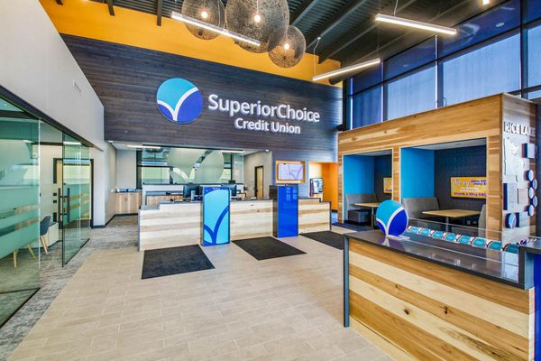 Lobby and teller line at Superior Choice Credit Union in Rice Lake, WI - Hoeft Builders