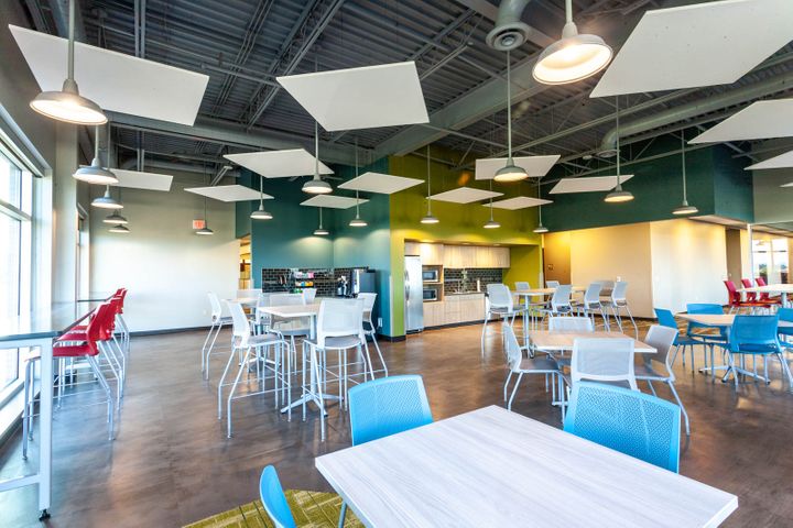 Corporate breakroom interior construction at WESTconsin Credit Union administrative center in Menomonie, Wisconsin, built by Hoeft Builders Corporate office construction at WESTconsin in Menomonie, WI - Hoeft Builders