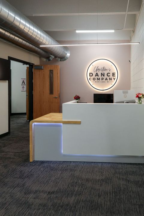 Front desk at Christine's Dance Company in Rice Lake, WI, built by Hoeft Builders Dance studio construction at Christine's Dance Company in Rice Lake, WI - Hoeft Builders