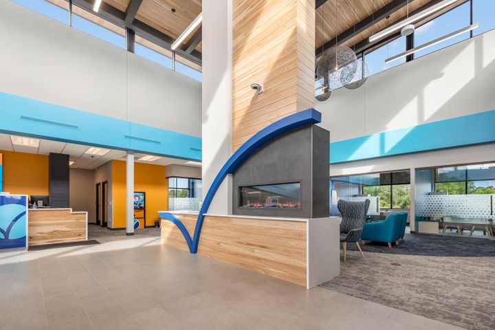 Fireplace and lobby of a Superior Choice Credit Union in Hayward, WI - Hoeft Builders