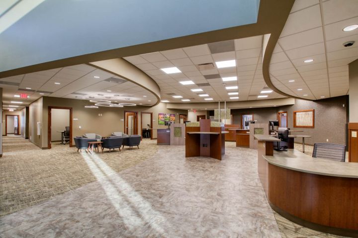 Credit union construction completed for WESTconsin CU in Baldwin, Wisconsin; general contractor Hoeft Builders Interior lobby at WESTconsin Credit Union in Baldwin, WI - Hoeft Builders