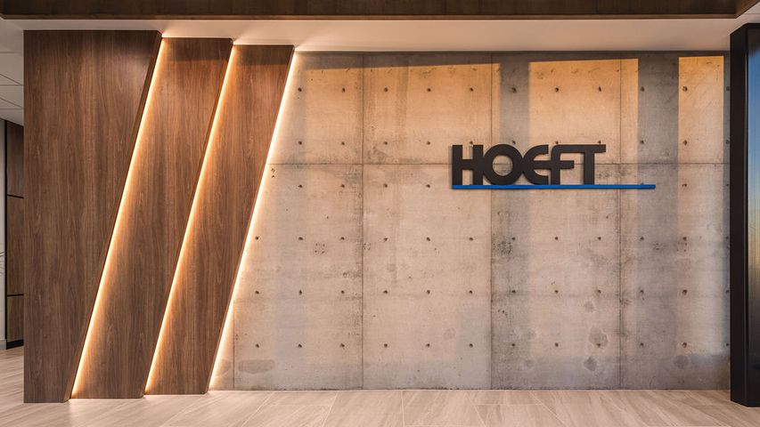 Modern office lobby construction in Eau Claire, WI, built by Hoeft Builders Corporate office lobby design for Hoeft Builders in Eau Claire, Wi