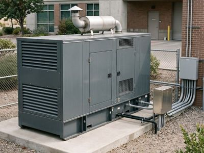 Large grey industrial backup generator mounted on a concrete slab outside a commercial building. Large grey industrial backup generator mounted on a concrete slab outside a commercial building.