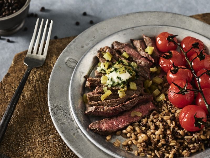 Pepper Beef Steaks with Chile-Cilantro Butter
