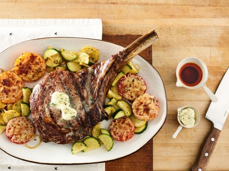 Grilled Beef Ribeye Steak with Parmesan Tomatoes & Squash