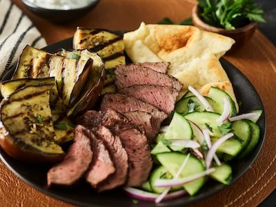 Berbere Spiced Grilled Flat Iron with Garlic - Herb Grilled Eggplant