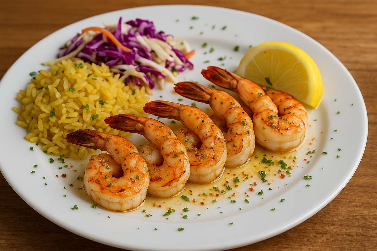 A realistic close-up of a seafood dinner plate at a coastal Florida restaurant featuring grilled shrimp in garlic butter, yellow rice, and colorful coleslaw with a lemon wedge, served on a white plate atop a wooden table — perfect for a fall dining blog post about local seafood restaurants in Osprey, FL. seafood.png