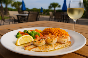 A realistic photo of an outdoor coastal dining scene at Chef Rolf’s New Florida Kitchen near Casey Key, featuring a plate of grilled fish topped with shrimp, served with vegetables, rice, and a glass of white wine on a wooden table surrounded by palm trees — evoking upscale Florida seafood dining. bestseafood.png