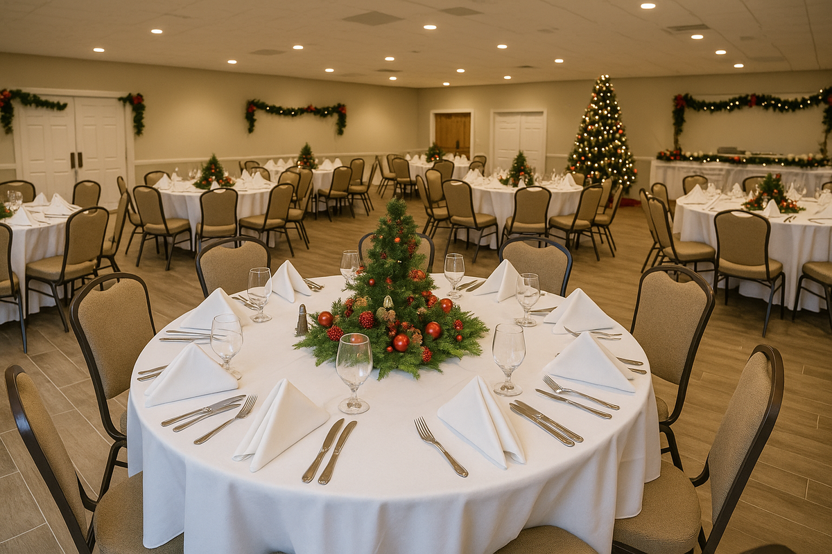 A beautifully decorated indoor holiday event space at Casey Key Resort Mainland in Osprey, Florida, featuring round tables with white linens, festive Christmas centerpieces, and warm string lighting — perfect for hosting elegant holiday parties or corporate events along the Gulf Coast. holidayparty.png