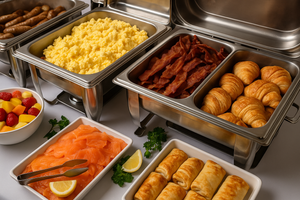 A realistic image of Chef Rolf’s Swiss Brunch Buffet in Osprey, Florida, featuring a beautifully arranged spread of scrambled eggs, crispy bacon, croissants, smoked salmon, fresh fruit, and pastries on white linens, bathed in natural light — capturing the elegant and inviting atmosphere of a Florida coastal brunch. swiss brunch.png