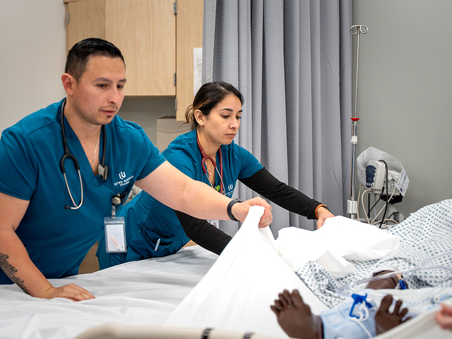 United Nursing College student in classroom during skills lab